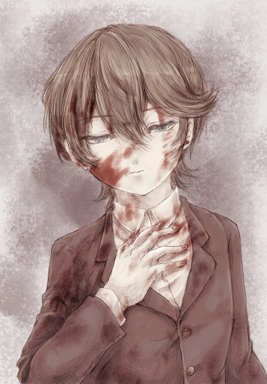 1boy a26g8 blood blood_on_clothes blood_on_face blood_on_hands blue_eyes brown_hair brown_jacket buttons collared_shirt eyelashes fingernails grey_background hair_between_eyes highres horikawa_kunihiro jacket long_sleeves male_focus nostrils shirt short_hair touken_ranbu upper_body white_shirt