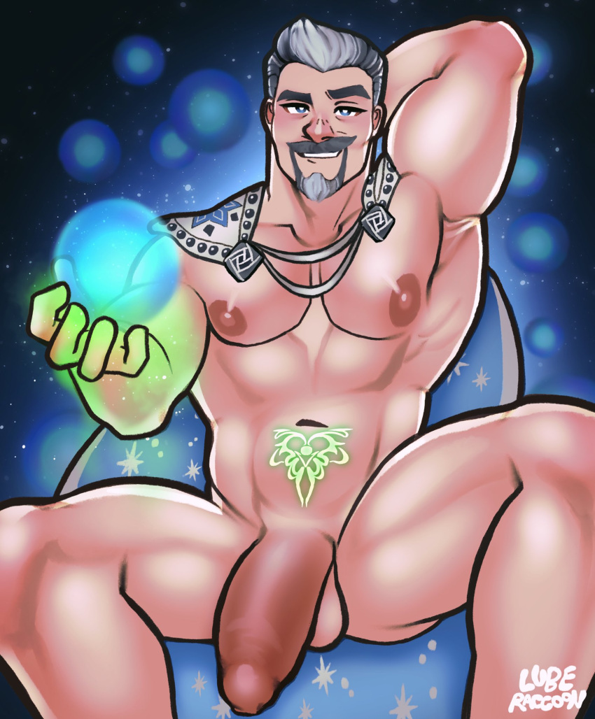 1boy abs bara cape energy_ball facial_hair feet_out_of_frame foreskin girthy_penis goatee half-erect highres king_magnifico large_pectorals looking_at_viewer lyu-beh_(luberaccoon) male_focus mature_male muscular muscular_male naked_cape navel nipples pectorals penis seductive_smile shaved_body short_hair smile smirk smug spread_legs stomach stomach_tattoo tattoo thick_eyebrows thighs wish_(disney)