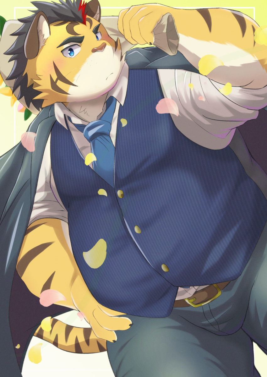 2023 absurd_res anthro belly big_belly blue_eyes blush bottomwear bulge clothing felid hi_res hitachi_(tamacolle) humanoid_hands kemono male mammal nazebesu_hobby necktie overweight overweight_male pantherine pants shirt solo suit tamacolle tiger topwear