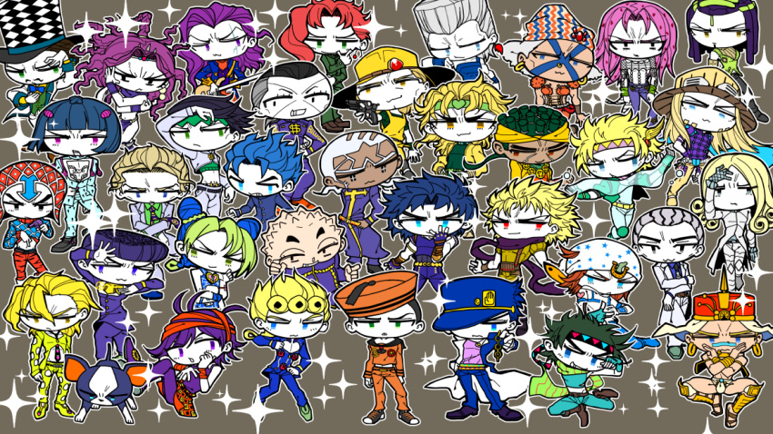 1girl 6+boys bandana black_eyes black_hair black_headband black_headwear black_necktie blonde_hair blue_coat blue_eyes blue_hair blue_headwear blue_pants blue_shirt blunt_bangs boots brown_background brown_footwear brown_hair buttons caesar_anthonio_zeppeli chain character_request checkered_clothes checkered_headwear chibi clenched_hand clenched_teeth closed_mouth coat colored_skin commentary_request copyright_request crop_top crossed_arms curly_hair dio_brando dog dollar_sign double_bun fingerless_gloves floating_hair full_body gedougawa gloves green_eyes green_headband green_shirt grey_hair grin gun hair_between_eyes hair_bun hat headband heart helmet holding holding_gun holding_weapon horseshoe_hat_ornament iggy_(jojo) jean_pierre_polnareff jojo_no_kimyou_na_bouken jojo_pose joseph_joestar joseph_joestar_(young) kujo_jolyne kujo_jotaro long_bangs long_hair looking_at_viewer looking_to_the_side medium_bangs medium_hair midriff multiple_boys necktie nose_piercing nose_ring open_clothes open_coat open_mouth orange_hair orange_headwear orange_pants orange_shirt outline pants parted_bangs piercing pink_hair pink_headband pink_shirt purple_eyes purple_footwear purple_gloves purple_hair purple_pants purple_scarf purple_shirt red_eyes red_hair revolver sailor_hat sandals scarf shirt shoes short_bangs short_hair smile sparkle teeth very_short_hair weapon white_bandana white_headwear white_outline white_skin wing_hair_ornament yellow_headwear yellow_shirt