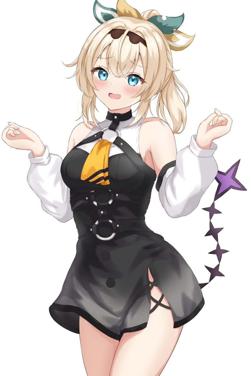 1girl absurdres ascot bare_shoulders black_dress blonde_hair blue_eyes blush breasts commentary_request cosplay detached_sleeves dress hair_ornament hands_up highres hololive kazama_iroha la+_darknesss la+_darknesss_(cosplay) leaf_hair_ornament long_sleeves looking_at_viewer o-ring open_mouth ponytail puffy_long_sleeves puffy_sleeves rinkaa_(lovelive765pro2) short_dress short_hair side_slit simple_background sleeveless sleeveless_dress solo virtual_youtuber white_background yellow_ascot