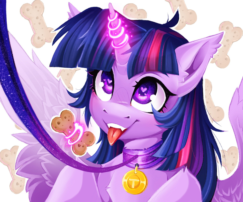 &lt;3 &lt;3_eyes absurd_res buvanybu collar dog_food dog_treat equid equine fangs female feral friendship_is_magic hasbro hi_res highlights_(coloring) horn leash looking_up magic magic_user mammal my_little_pony pet_food purple_body sharp_teeth simple_background solo spread_wings teeth tongue tongue_out twilight_sparkle_(mlp) winged_unicorn wings