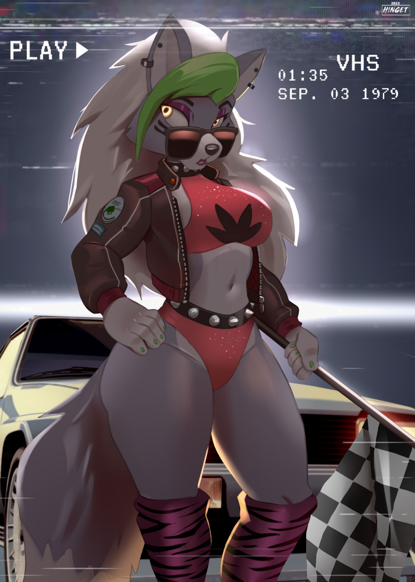 2023 5_fingers absurd_res anthro artist_name breasts canid canine canis checkered_flag clothing dated digital_media_(artwork) female fingers five_nights_at_freddy's five_nights_at_freddy's:_security_breach flag hi_res hinget holding_object jacket legwear mammal navel race_car recording roxanne_wolf_(fnaf) scottgames solo steel_wool_studios stockings topwear vhs_filter wolf year