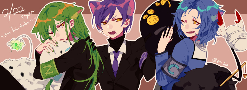 3boys animal_ears armband big_bird_(lobotomy_corporation) black_gloves black_jacket black_sweater blue_hair blue_jacket blue_nails cat_boy cat_day cat_ears chesed_(project_moon) chinese_commentary collared_shirt commentary_request english_text er_hea eyebrow_cut fang fangs gloves green_armband green_hair green_nails hand_on_another's_shoulder highres jacket judgement_bird kemonomimi_mode lobotomy_corporation long_hair long_sleeves meat_lantern_(lobotomy_corporation) multiple_boys necktie netzach_(project_moon) one_eye_closed open_mouth project_moon punishing_bird purple_hair purple_necktie shirt short_hair sweater turtleneck turtleneck_sweater white_shirt yellow_eyes yesod_(project_moon)