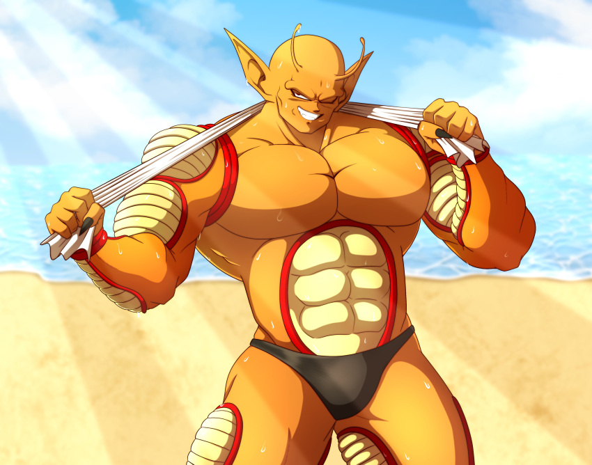 abs absurd_res alien antennae_(anatomy) beach big_muscles bodily_fluids clothed clothing dragon_ball grin hi_res humanoid justsimplymacy male muscular namekian orange_piccolo pecs piccolo sea seaside smile solo sweat swimwear topless towel transformation water