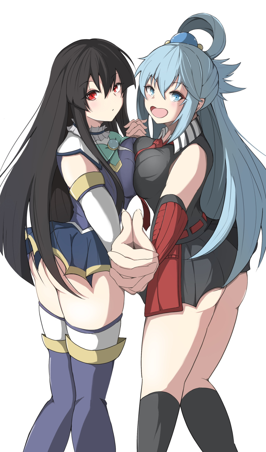 2girls absurdres akame_(akame_ga_kill!) akame_ga_kill! aqua_(konosuba) aqua_(konosuba)_(cosplay) arm_ribbon arm_up ass bare_shoulders belt black_hair blue_eyes blue_footwear blue_hair blue_shirt blue_skirt blue_thighhighs blush boots bow bowtie breasts choker collar cosplay detached_sleeves gem green_bow green_bowtie hair_between_eyes hair_ornament hair_rings hand_up highres kono_subarashii_sekai_ni_shukufuku_wo! large_breasts long_hair looking_at_viewer medium_breasts multiple_girls necktie no_panties open_mouth red_belt red_eyes red_necktie red_ribbon ribbon shirt simple_background single_hair_ring skirt sleeveless smile smiley_face standing sunege137131 thigh_boots thighhighs thighhighs_under_boots very_long_hair white_background white_collar white_sleeves