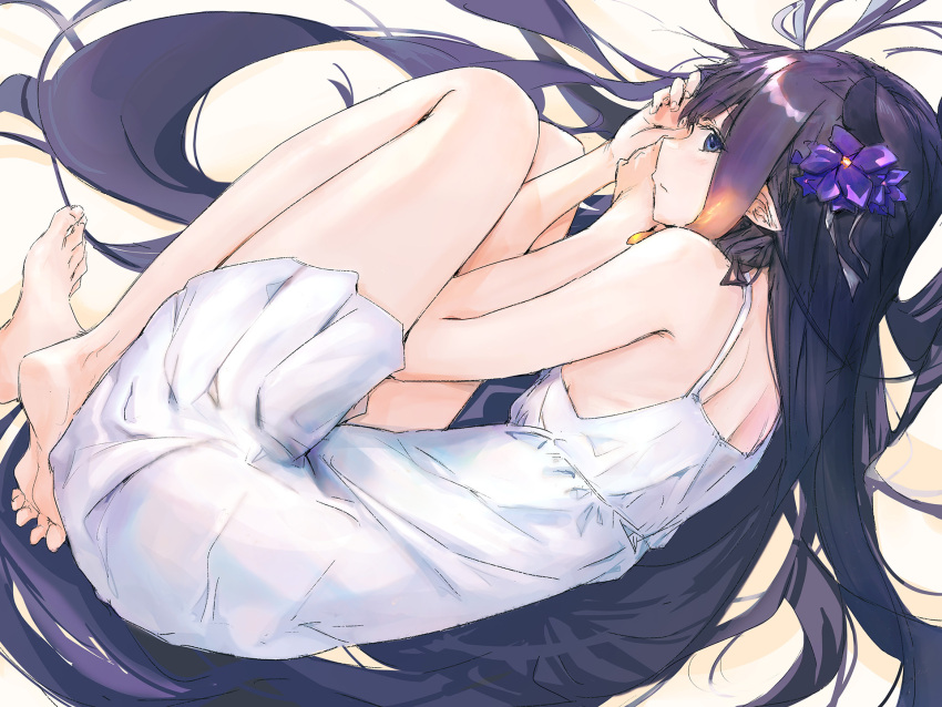 1girl absurdly_long_hair alternate_costume bare_legs blue_eyes closed_mouth dress feet fetal_position flower gradient_hair hair_flower hair_ornament highres hololive hololive_english legs long_hair looking_at_viewer lying multicolored_hair ninomae_ina'nis on_side orange_hair pointy_ears profile purple_flower purple_hair ribs shoulder_blades sleeveless sleeveless_dress solo sundress tallgeese_(lgeesel) tentacle_hair thighs toes very_long_hair virtual_youtuber white_dress