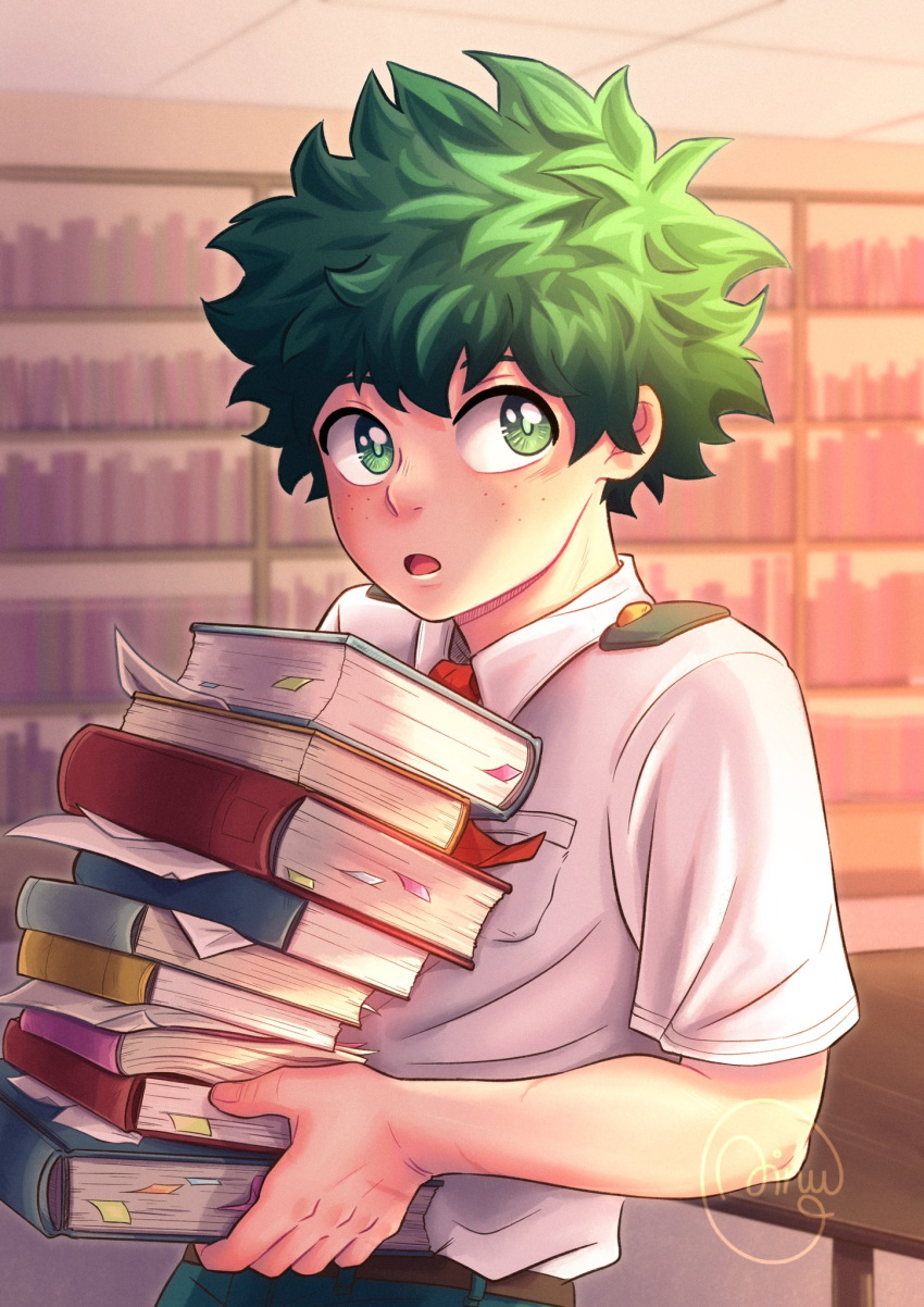 1boy ainudraws boku_no_hero_academia book green_eyes green_hair highres holding holding_book library male_focus midoriya_izuku necktie open_mouth red_necktie school_uniform short_hair solo u.a._school_uniform