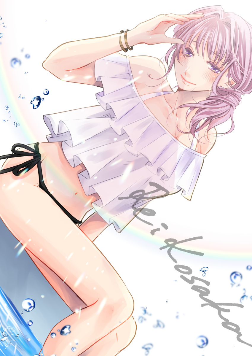 1girl absurdres bikini bracelet breasts character_name cleavage dutch_angle feet_out_of_frame hand_up highres jewelry kousaka_rei la_corda_d'oro_starlight_orchestra navel pechi_puri pink_hair purple_eyes rainbow shirt side-tie_bikini_bottom small_breasts solo swimsuit water water_drop white_shirt