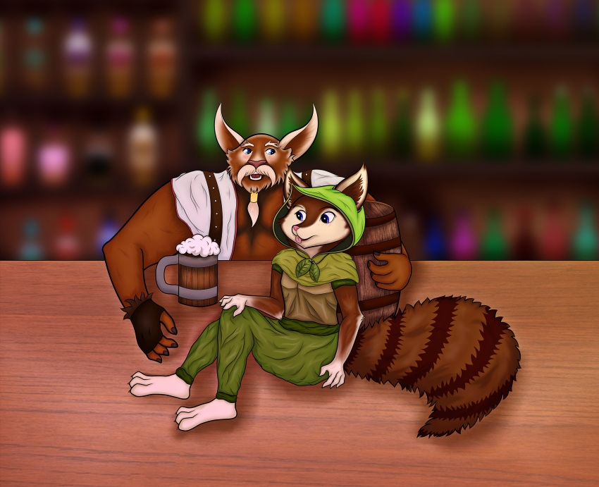 absurd_res alcohol anthro bar beverage blue_eyes brown_body brown_fur clothing duo female feral fur furniture green_clothing hi_res hoodwink_(dota) inner_ear_fluff male mangix_the_brewmaster multicolored_body pink_nose skbld smile table tuft two_tone_tail white_clothing