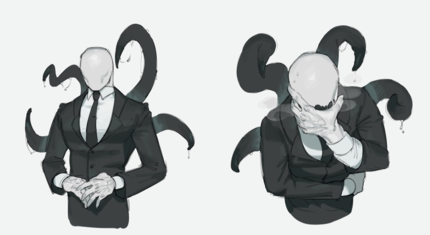 absurd_res bottomwear breath clothing creepypasta dress_shirt hi_res humanoid jacket kogito male necktie open_mouth pants shirt slenderman solo suit suit_jacket tentacle_monster tentacles topwear vein white_body white_skin