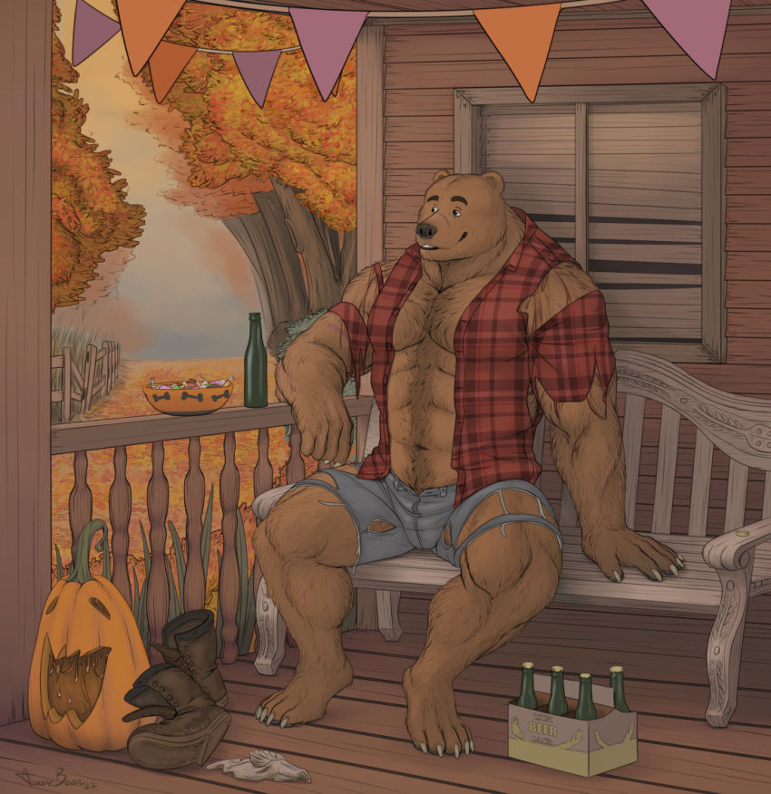 5_fingers 5_toes abs after_transformation alcohol anthro autumn_leaves awarebear bear beer beer_bottle bench beverage big_chest body_hair boots_removed bottle bottomwear broad_shoulders brown_body brown_fur bulge bunting_(banner) candy candy_bowl chest_hair claws clothed clothing container decoration dessert feet fingers flannel_shirt food fruit fur halloween happy_trail holidays jack-o'-lantern looking_into_the_distance male mammal midriff muscular muscular_anthro muscular_male navel open_clothing open_shirt open_topwear outside pecs plant plantigrade porch pumpkin relaxed_expression relaxing resting_arm shirt sitting smile socks_removed solo stocky toes topwear torn_bottomwear torn_clothing torn_topwear tree were wereursid