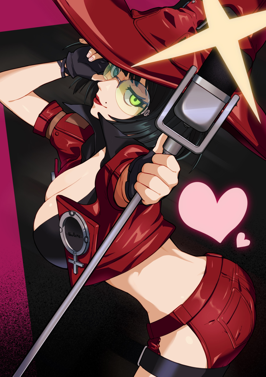 1girl absurdres ass bbhdrrr black_hair breasts cleavage cropped_jacket fingerless_gloves from_side gloves green_eyes guilty_gear guilty_gear_strive hat heart highres hip_vent holding holding_microphone_stand i-no large_breasts looking_at_viewer micro_shorts microphone_stand midriff mole mole_above_mouth short_hair short_sleeves shorts solo thigh_strap tinted_eyewear witch_hat