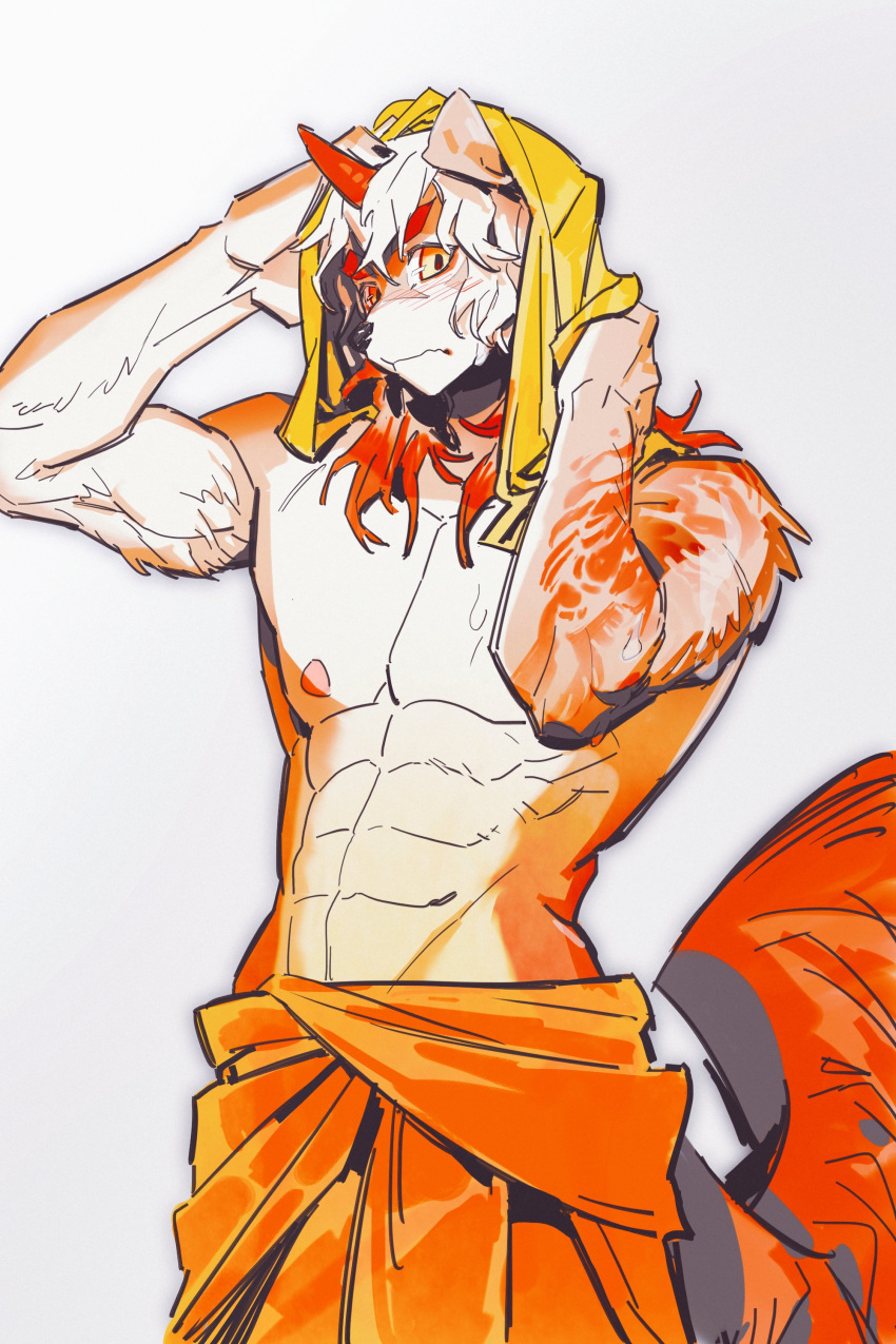 1boy abs absurdres animal_ears arknights bara blush english_commentary furry furry_male highres horns hung_(arknights) looking_at_viewer luoluokun517 male_focus multicolored_hair muscular muscular_male mythological_creature pectorals single_horn streaked_hair tail topless_male towel towel_around_waist towel_on_head wavy_mouth white_background