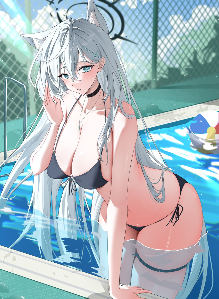 1girl ahoge animal_ear_fluff animal_ears arm_support bikini black_bikini blue_archive blue_eyes blush breasts broken_halo choker cleavage collarbone cross cross_hair_ornament cross_necklace dark_halo day grey_hair hair_between_eyes hair_ornament halo highres huge_breasts jewelry long_hair looking_at_viewer mismatched_pupils navel necklace nenight outdoors partially_submerged poolside shiroko_(blue_archive) shiroko_(terror)_(blue_archive) solo swimsuit thigh_strap very_long_hair wire_fence wolf_ears
