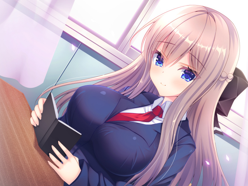 1girl absurdres black_jacket blazer blue_eyes blush book braid breasts brown_hair chair classroom closed_mouth collared_shirt commentary_request desk dutch_angle hair_between_eyes hair_ribbon highres holding holding_book jacket large_breasts long_hair long_sleeves looking_at_viewer original ribbon school_chair school_desk school_uniform shirt shitou_kazuaki sidelocks sitting smile solo taut_clothes uniform white_shirt window