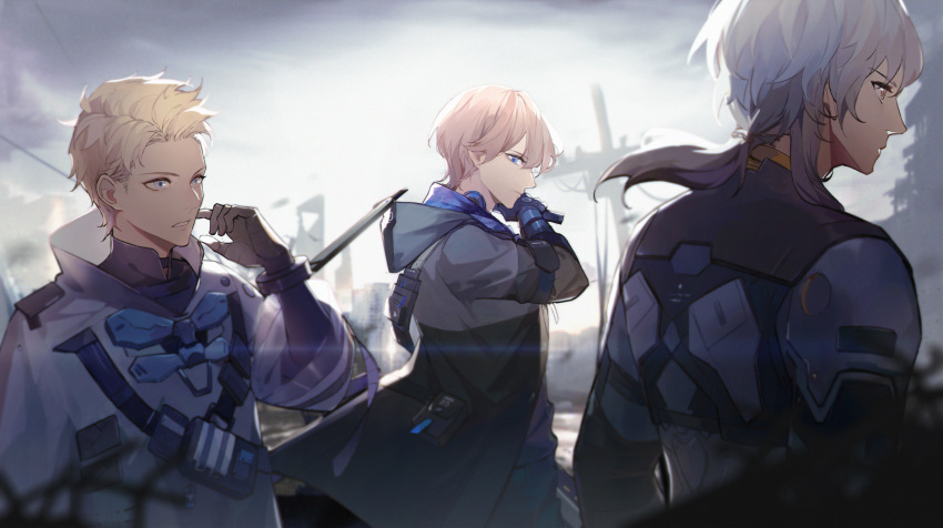 3boys adjusting_hair amenohi armor bandolier black_bodysuit black_gloves black_jacket blonde_hair blue_eyes bodysuit bodysuit_under_clothes breastplate building chinese_commentary chrome:_arclight_(punishing:_gray_raven) chrome_(punishing:_gray_raven) cloud cloudy_sky commentary from_side gloves grey_hair headphones headphones_around_neck highres hood hood_down hooded_jacket jacket lee:_entropy_(punishing:_gray_raven) lee_(punishing:_gray_raven) low_ponytail male_focus mechanical_arms medium_hair multiple_boys outdoors power_lines profile punishing:_gray_raven robe ruins short_hair shoulder_armor sky skyscraper sunrise upper_body utility_pole watanabe:_astral_(punishing:_gray_raven) watanabe_(punishing:_gray_raven) white_robe yellow_eyes