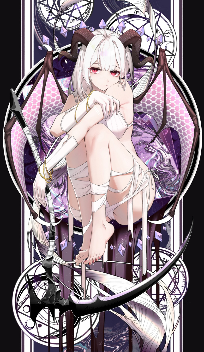 1girl armpits bandaged_leg bandages barefoot bra bracelet cameltoe demon_girl demon_horns demon_wings fetal_position gloves grey_hair highres horns jewelry legs leria_v long_hair nail_polish original panties pentagram red_eyes scythe sidelocks toenail_polish toenails toes underwear white_bra white_gloves white_panties wings