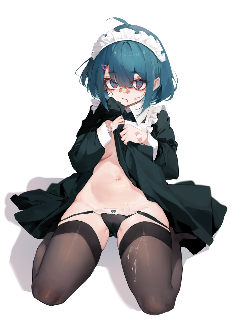 1girl absurdres ahoge apron aqua_eyes aqua_hair bandaid bandaid_on_face bandaid_on_hand bandaid_on_nose black_dress black_panties black_thighhighs bow bow_panties breasts cameltoe closed_mouth clothes_lift de_yi dress dress_lift frills full_body groin hair_between_eyes hair_ornament hairclip hands_up highres lifted_by_self long_sleeves looking_at_viewer maid maid_apron maid_headdress medium_breasts multicolored_eyes navel no_pupils original panties purple_eyes scar seiza shadow short_hair sidelocks simple_background sitting skindentation solo stomach suggestive_fluid thighhighs thighs underwear variant_set white_background