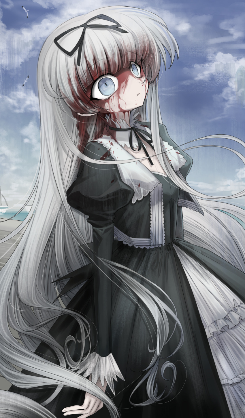 1girl absurdres androgynous bird black_dress black_lagoon black_ribbon bleeding blood blood_in_hair blood_on_face blue_eyes blue_sky blunt_bangs cloud commentary_request cowboy_shot day death dress gothic_lolita gretel_(black_lagoon) grey_hair gull hair_ribbon highres juliet_sleeves lolita_fashion long_hair long_sleeves medium_bangs meyou_0319 neck_ribbon open_mouth outdoors puffy_sleeves ribbon seabird seagull sky solo very_long_hair