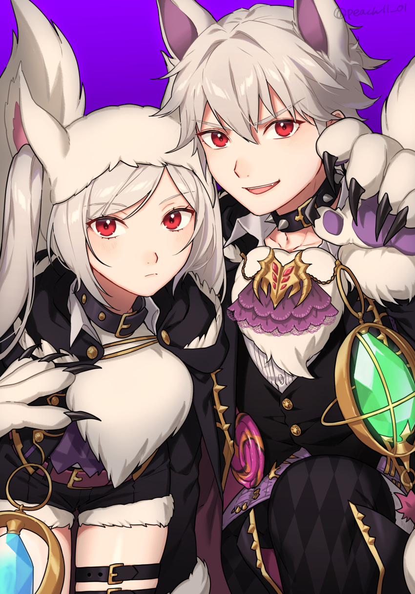 1boy 1girl animal_ears animal_hands closed_mouth collar commentary_request dragonstone fake_animal_ears fang fire_emblem fire_emblem_awakening fire_emblem_heroes fur_trim gem gloves grima_(fire_emblem) hair_between_eyes halloween halloween_costume highres long_hair looking_at_viewer official_alternate_costume open_mouth paw_gloves peach11_01 purple_background red_eyes robin_(female)_(fire_emblem) robin_(female)_(halloween)_(fire_emblem) robin_(fire_emblem) robin_(male)_(fire_emblem) robin_(male)_(halloween)_(fire_emblem) short_hair simple_background smile swept_bangs twintails white_hair wolf_ears