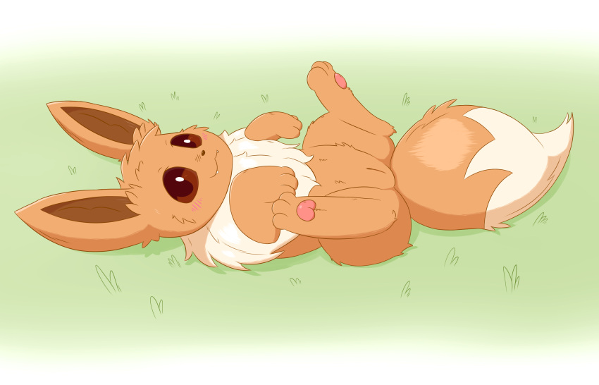 14:9 absurd_res blush blush_lines brown_body brown_eyes brown_fur eevee female feral fur generation_1_pokemon genitals gooeythings grass hi_res looking_at_viewer lying nintendo on_back pawpads paws plant pokemon pokemon_(species) pussy snaggle_tooth solo tail