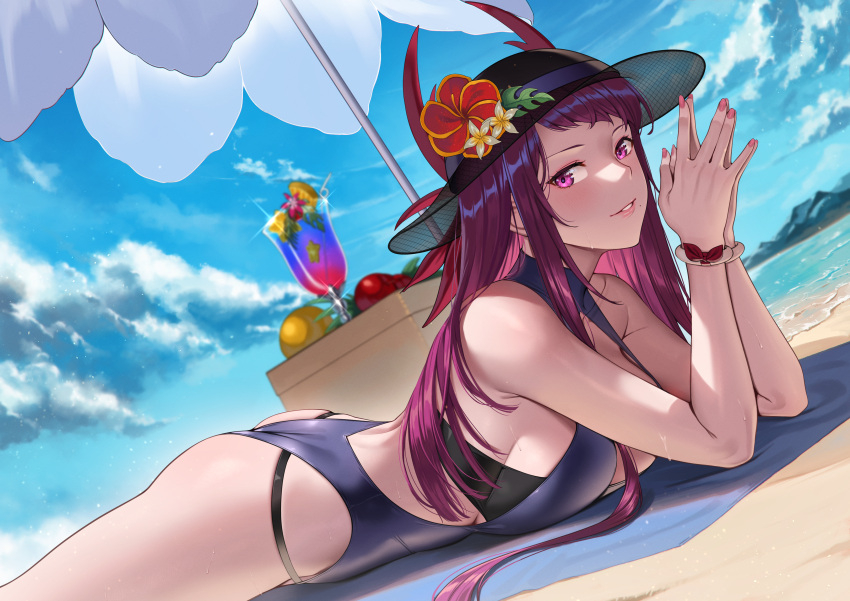 1girl absurdres ass bare_arms beach beach_umbrella blue_one-piece_swimsuit breast_press breasts commission commissioner_upload deras drink fire_emblem fire_emblem_engage fire_emblem_heroes flower from_side hat hat_flower highres ivy_(fire_emblem) ivy_(summer)_(fire_emblem) large_breasts long_hair looking_at_viewer lying nail_polish non-web_source ocean official_alternate_costume on_stomach one-piece_swimsuit outdoors own_hands_together pink_eyes pink_nails purple_hair see-through solo sun_hat swimsuit the_pose towel umbrella