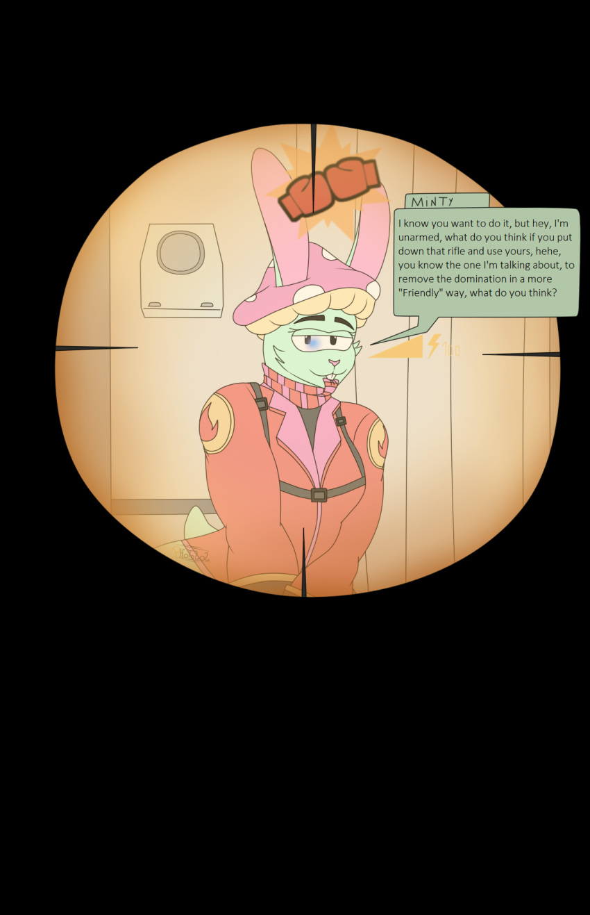 anthro clothed clothing dialogue duo flat_colors green_body headgear headwear hi_res lagomorph leporid male mammal mushroom_hat photolol.03 pyro_(team_fortress_2) rabbit scarf scope simple_background sniper_(team_fortress_2) team_fortress_2 text valve