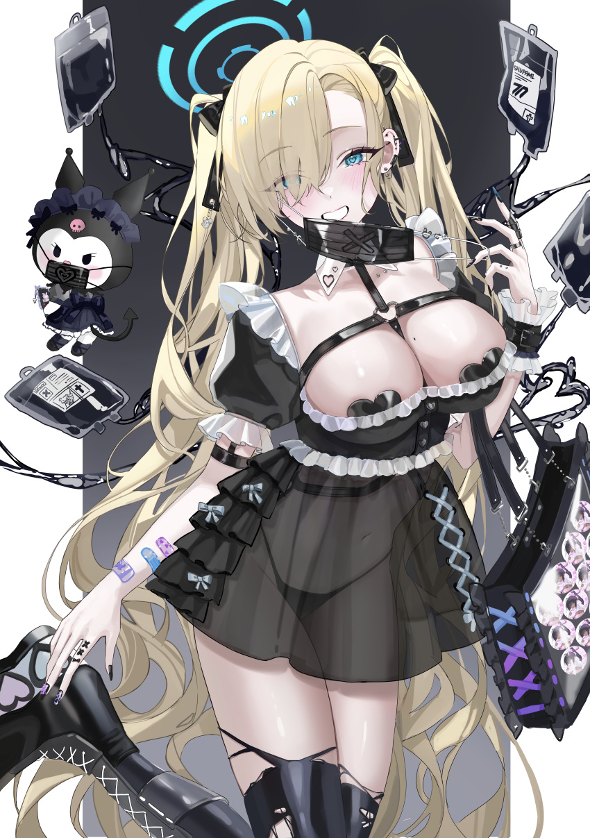 1girl absurdres alternate_costume alternate_hairstyle asuna_(blue_archive) bandaid bandaid_on_arm black_dress black_mask black_panties blonde_hair blood blood_bag blue_archive blush boots breasts crossover dress ear_piercing earclip earrings fingernails halo heart_o-ring heart_pasties highres jewelry knee_boots kuromi large_breasts long_hair looking_at_viewer mask mole mole_on_breast mouth_mask nail_polish navel onegai_my_melody panties pasties piercing puffy_short_sleeves puffy_sleeves see-through see-through_dress short_sleeves shupami smile stud_earrings twintails two-tone_background underwear very_long_hair wrist_cuffs x