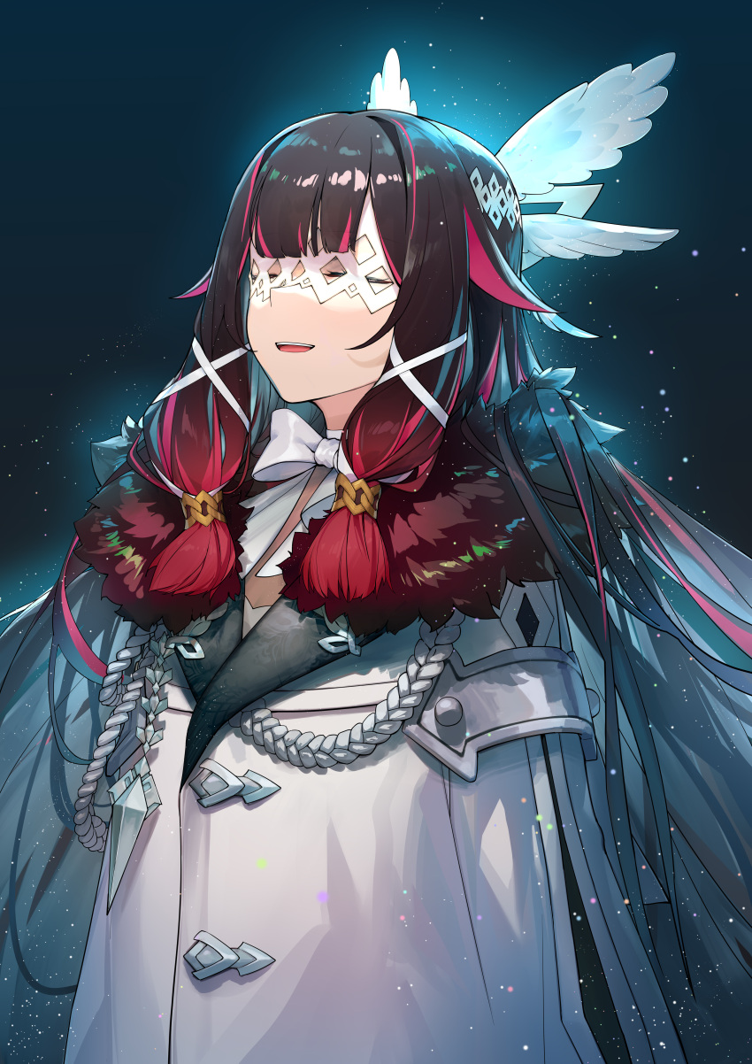 1girl absurdres black_hair chinese_commentary closed_eyes coat columbina_(genshin_impact) commentary_request eye_mask frilled_jacket frills fur_trim genshin_impact gradient_hair hair_wings head_wings highres jacket ly.t multicolored_hair open_mouth red_hair smile solo streaked_hair two-tone_hair upper_body white_coat white_mask wing_hair_ornament wings