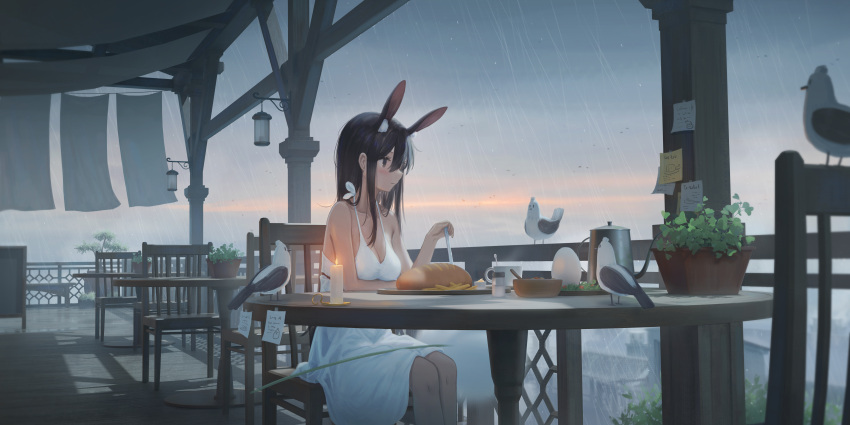 1girl absurdres animal_ears bird black_eyes black_hair breasts candle chair cleavage cloud cloudy_sky cup dress food highres loaf_of_bread long_hair original plant potted_plant rabbit_ears rain scenery sitting sky solo sticky_note table white_dress yao_ren_gui