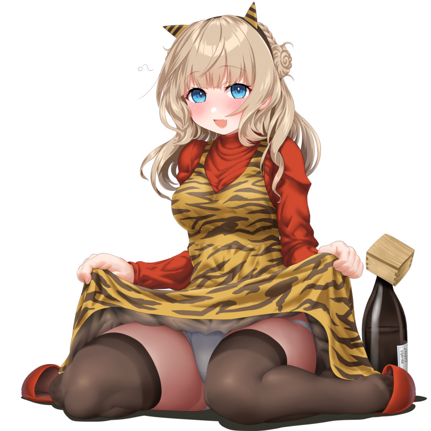 1girl animal_print black_thighhighs blue_eyes blush bottle clothes_lift dd_(ijigendd) dress dress_lift fake_horns fang highres horns kantai_collection lifted_by_self light_brown_hair long_hair long_sleeves masu official_alternate_costume open_mouth panties ranger_(kancolle) red_shirt shirt simple_background skin_fang smile solo thighhighs tiger_print underwear white_background white_panties yellow_dress