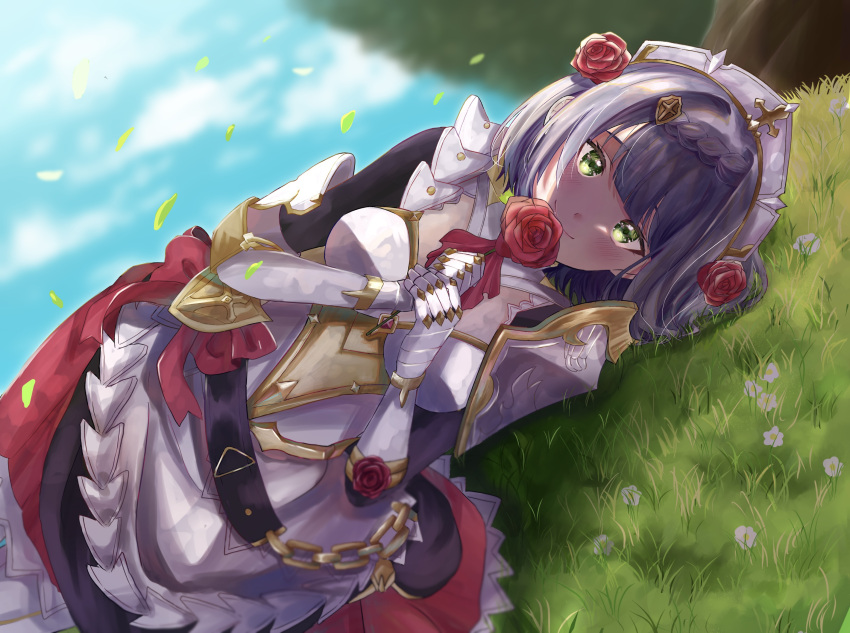 1girl apron armor blue_sky blunt_bangs blush breasts closed_mouth flower gauntlets genshin_impact grass green_eyes grey_hair hair_flower hair_ornament highres holding holding_flower looking_at_viewer lying maid_apron maid_headdress noelle_(genshin_impact) on_grass on_side outdoors red_flower red_rose rose shoulder_armor sky smile tsuchinoko_(vjde8458)