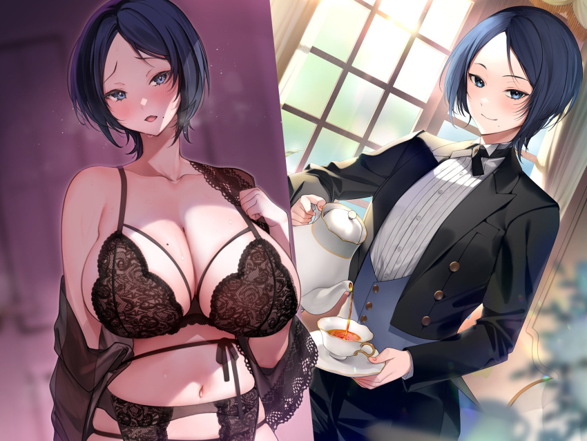 1girl arrow_(tamawo222) black_pants black_ribbon black_suit blue_eyes blue_hair bra breasts butler buttons cleavage collarbone cup female_butler formal highres holding holding_saucer holding_teapot lace lace-trimmed_garter_belt lace-trimmed_nightgown lace_bra lace_trim large_breasts mole mole_on_breast mole_under_mouth neck_ribbon original pants ribbon saucer shirt striped striped_shirt suit tea teacup teapot underwear vertical-striped_shirt vertical_stripes waistcoat white_shirt window