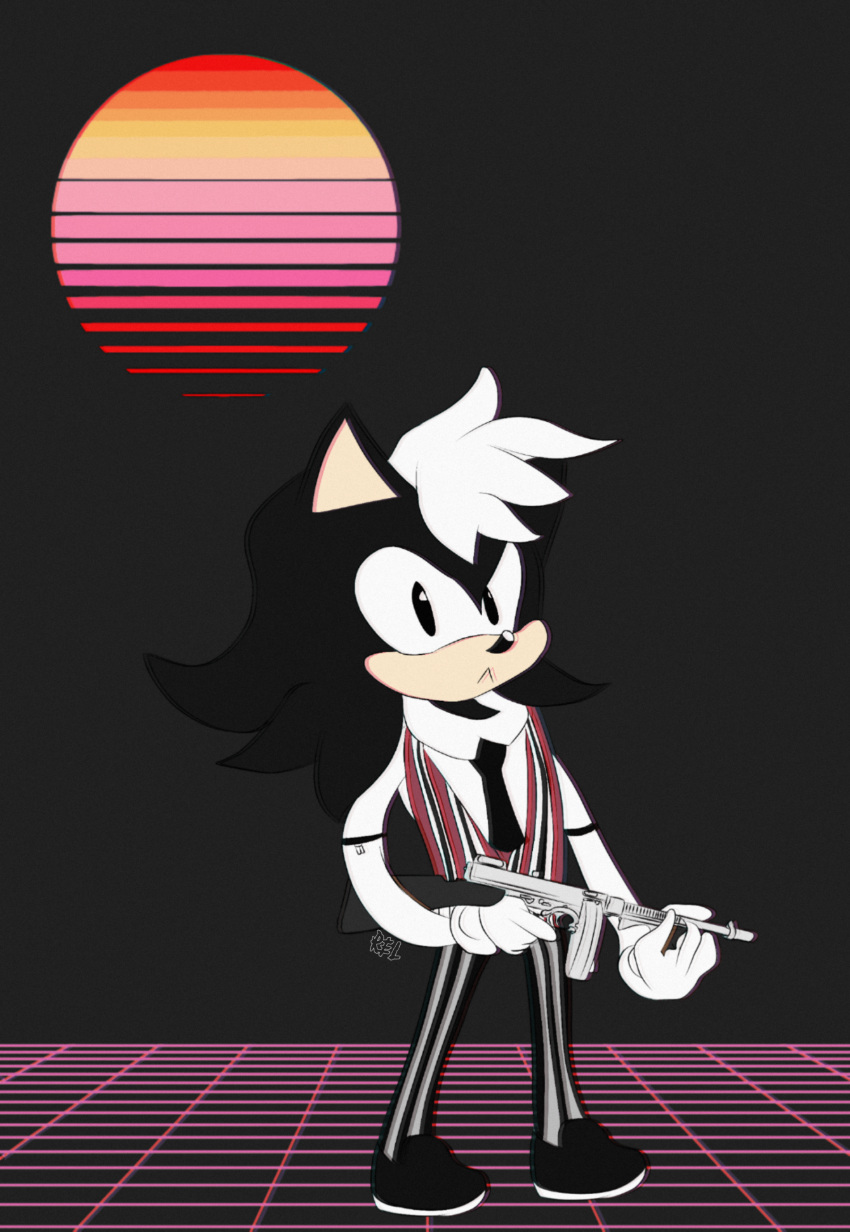 absurd_res anthro black_body eulipotyphlan fan_character gangster gun hedgehog hi_res holding_object holding_weapon mafia male mammal ranged_weapon relsomethingcat solo submachine_gun synthwave thompson_gun unimpressed vaporwave weapon