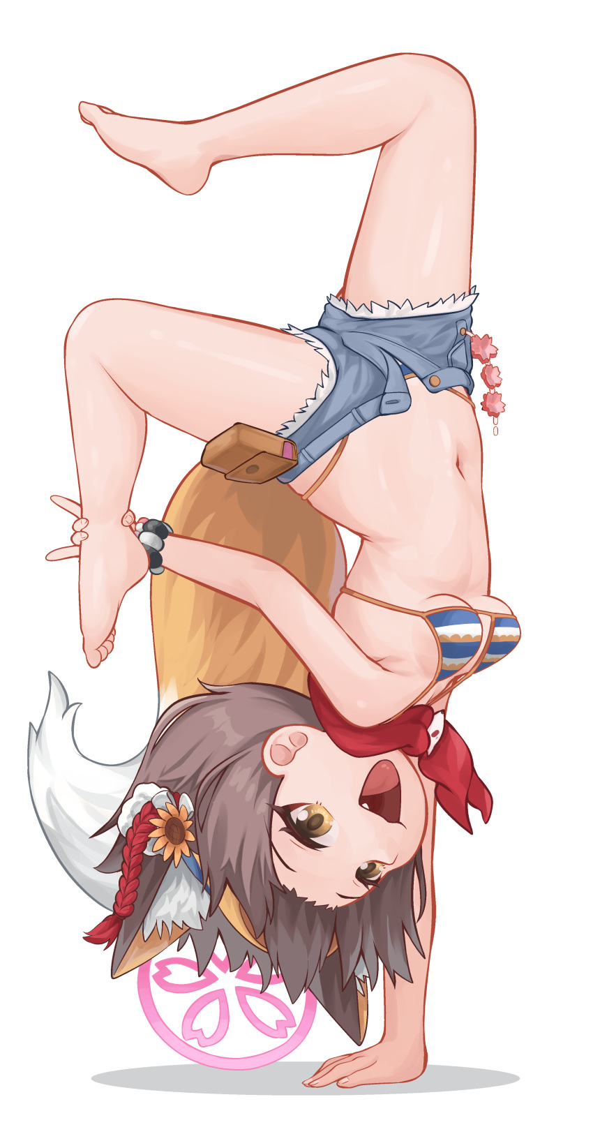 1girl :d absurdres animal_ear_fluff animal_ears barefoot batazungharn bikini bikini_under_clothes blue_archive blue_bikini blue_shorts breasts brown_hair commentary denim denim_shorts extra_ears fang flower fox_ears fox_girl fox_tail full_body hair_flower hair_ornament halo handstand highleg highleg_bikini highres izuna_(blue_archive) izuna_(swimsuit)_(blue_archive) micro_shorts navel official_alternate_costume one_arm_handstand open_fly open_mouth pink_halo psd_available red_scarf scarf short_hair shorts simple_background small_breasts smile solo striped striped_bikini swimsuit tail toes transparent_background upside-down yellow_eyes