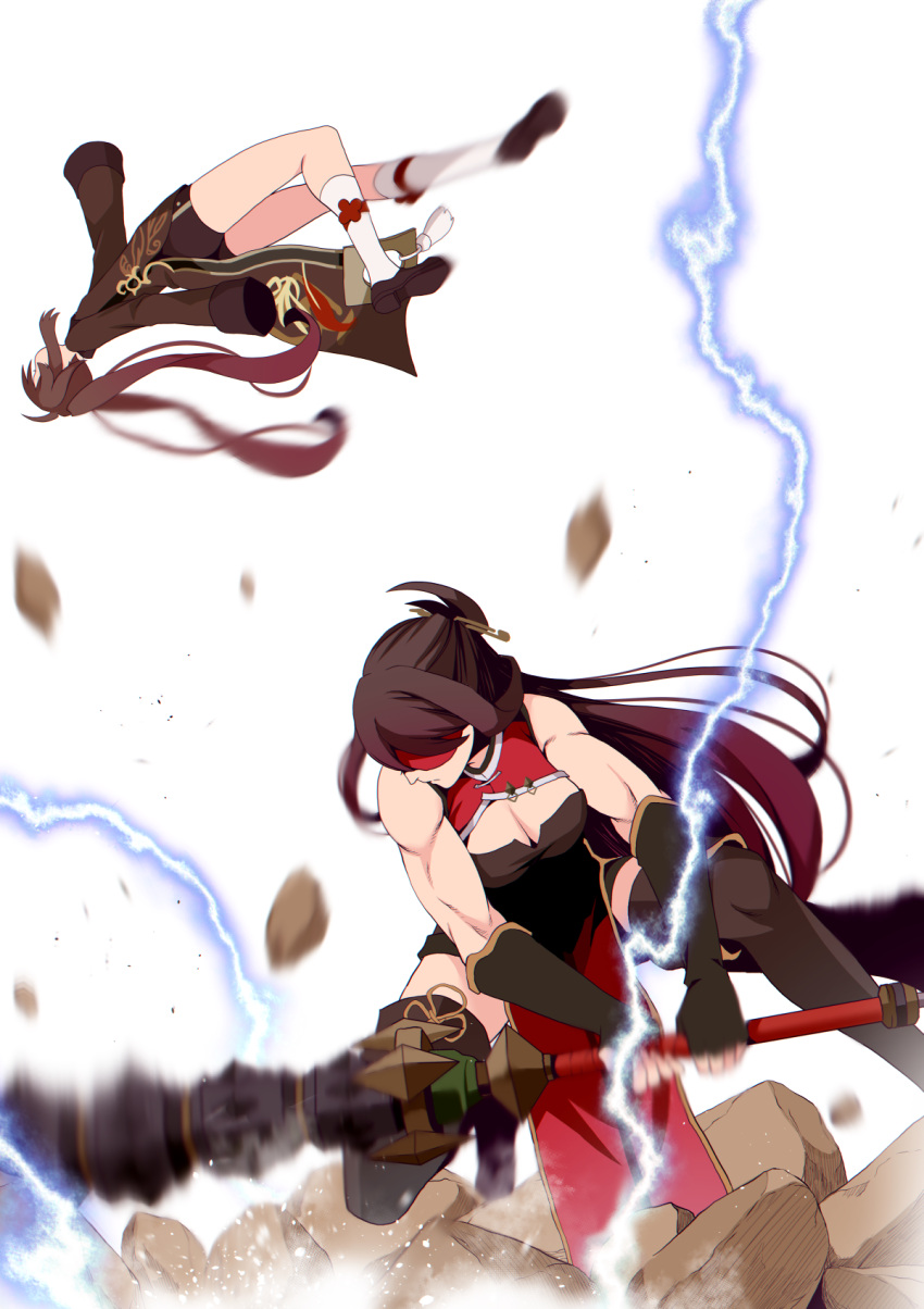 2girls angry beidou_(genshin_impact) black_hair breasts brown_hair chinese_clothes cleavage closed_eyes commentary_request debate_club_(genshin_impact) eyepatch fighting genshin_impact hair_between_eyes hair_ornament hair_over_one_eye hairpin hat highres holding_club hu_tao_(genshin_impact) lightning long_hair long_sleeves looking_at_another multiple_girls muscular muscular_female porkpie_hat sidelocks simple_background slapping_breasts sleeveless thrown twintails white_background yasehattagi