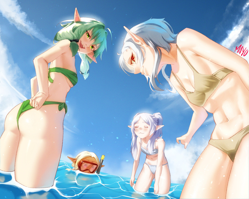 4girls absurdres ass bikini blonde_hair blush bow breasts brown_bikini closed_mouth crossover edomae_elf eldali_ilma_fanomenel elf frieren goblin_slayer! green_bikini green_eyes green_hair hair_between_eyes hair_bow high_elf_archer_(goblin_slayer!) highres long_hair looking_at_viewer mawster_yowda multiple_girls mushoku_tensei navel open_mouth pointy_ears red_eyes sidelocks small_breasts sousou_no_frieren swimsuit sylphiette_(mushoku_tensei) trait_connection white_bikini white_hair