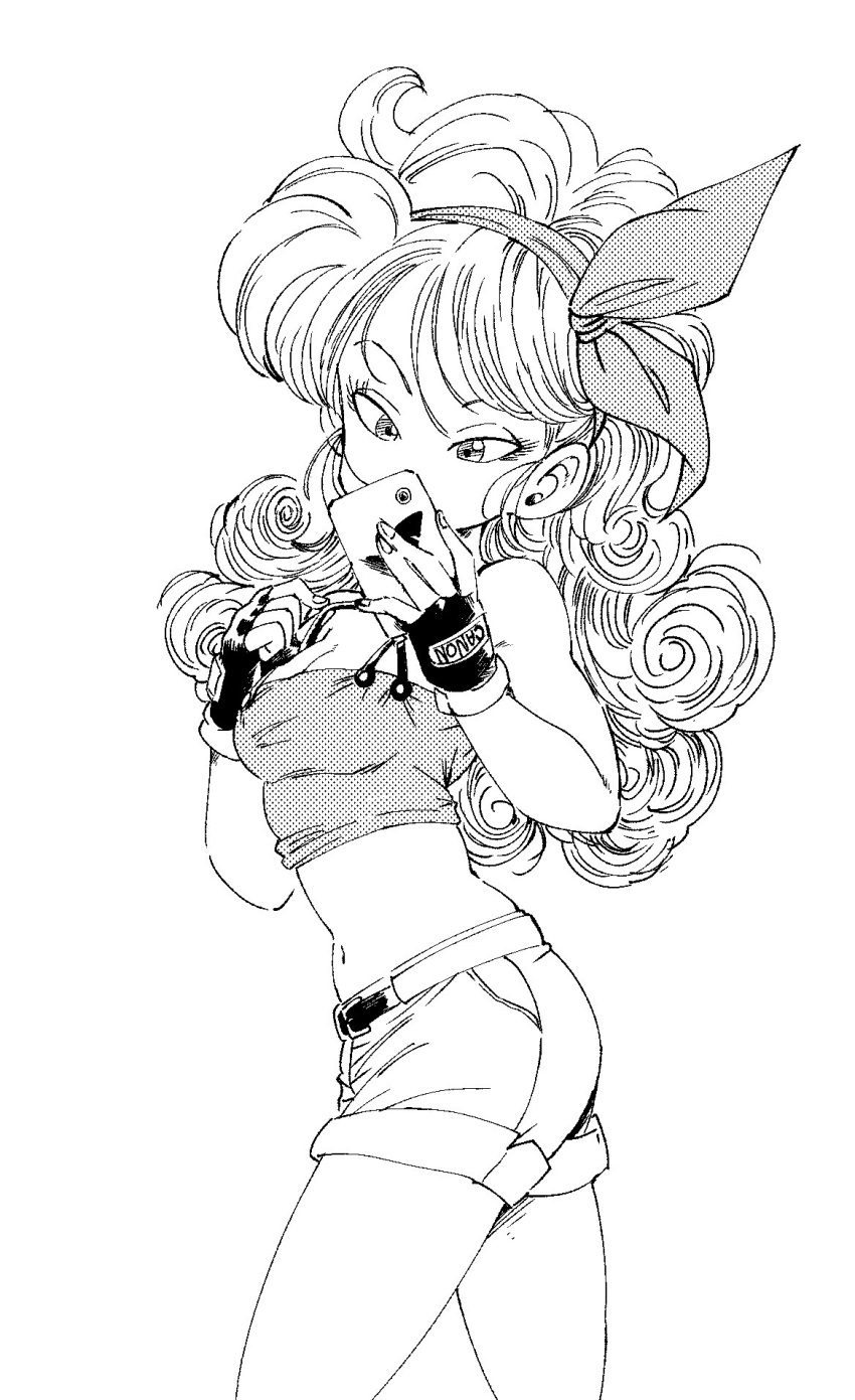 1girl cowboy_shot crop_top dragon_ball dragon_ball_(classic) fenyon fingerless_gloves gloves greyscale hair_ribbon hairband highres long_hair looking_at_phone lunch_(dragon_ball) midriff monochrome navel phone ribbon short_shorts shorts simple_background solo white_background