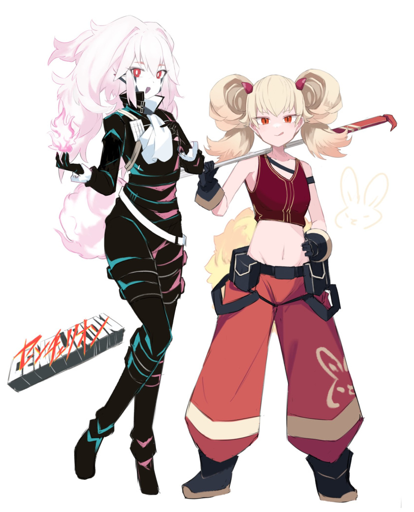 2girls alternate_costume baggy_pants bare_shoulders blonde_hair bright_pupils centurion_primera centurion_trudea crop_top duel_monster gloves hand_on_own_hip highres holding jumpsuit licking_lips long_hair midriff multiple_girls open_mouth pants pink_hair popped_collar red_eyes sakuragi_raia skirt stomach tongue tongue_out white_pupils white_skirt yu-gi-oh!