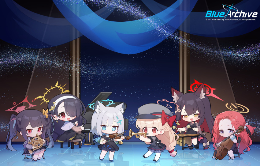 6+girls animal_ear_fluff animal_ears beamed_eighth_notes black_dress black_footwear black_hair black_horns blonde_hair blue_archive blue_eyes blue_halo chibi collarbone colored_inner_hair donmin_h double_bass dress eighth_note english_commentary fox_ears french_horn fuuka_(blue_archive) grand_piano grey_hair habit halo hat high_heels highres hinata_(blue_archive) holding holding_instrument horn_(instrument) horns instrument long_hair multicolored_hair multiple_girls music musical_note nodoka_(blue_archive) nun official_art orchestra peaked_cap piano playing_instrument puffy_short_sleeves puffy_sleeves red_eyes red_hair red_halo shiroko_(blue_archive) short_sleeves treble_clef trumpet twintails violin wakamo_(blue_archive) wolf_ears xylophone yellow_eyes yellow_halo yuzu_(blue_archive)