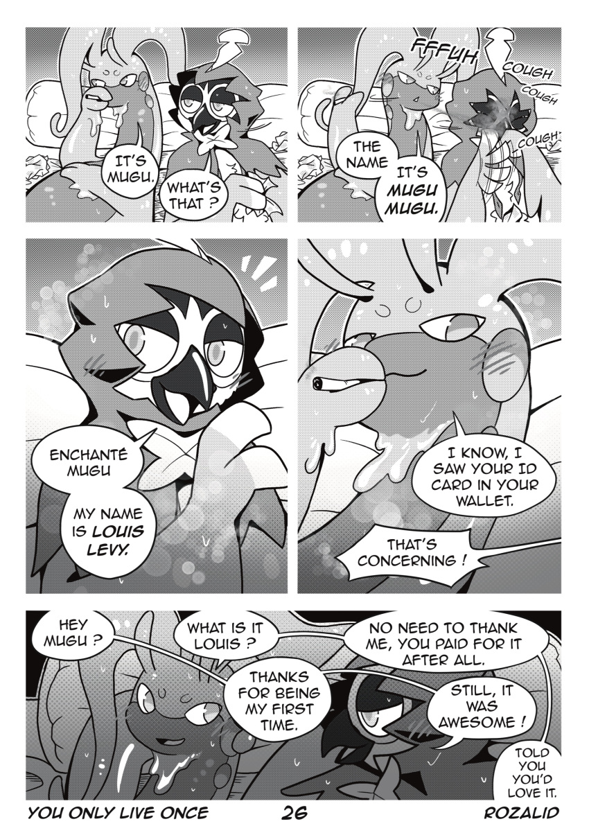 absurd_res after_sex ambiguous_fluids anthro avian bed bird blush bodily_fluids cigarette cleaning comic coughing decidueye dialogue duo english_text female furniture generation_6_pokemon generation_7_pokemon glistening glistening_body goo_creature goodra hankerchief hi_res louis_(decidueye) lying male male/female monochrome mugu_(goodra) nintendo on_back owl pokemon pokemon_(species) prostitution relaxing rozalid slime smoking smoking_cigarette steam sweat sweatdrop text you_only_live_once