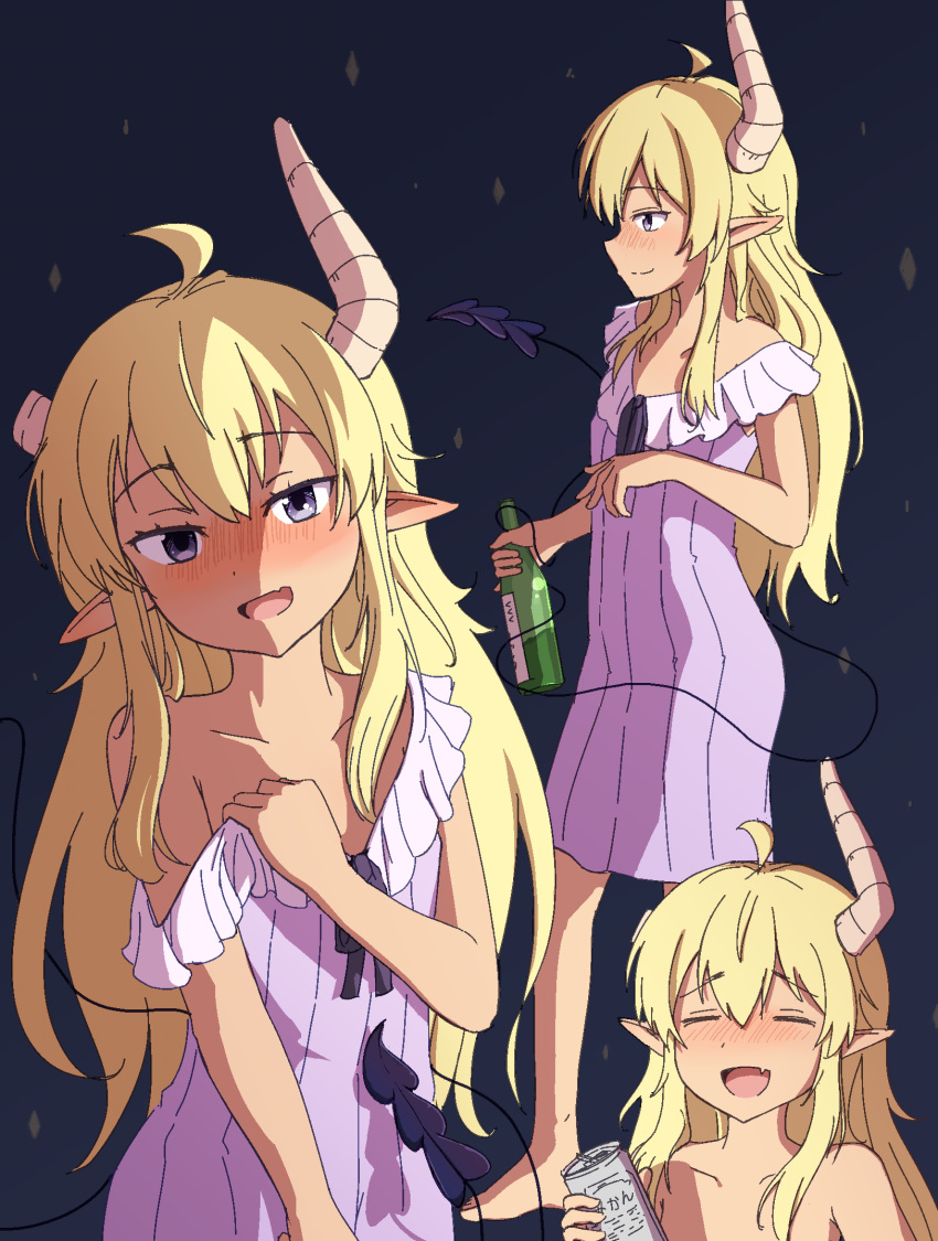 1girl 2022 :d ahoge bare_shoulders black_background blonde_hair blush bottle can closed_eyes collarbone commentary dark-skinned_female dark_skin dated_commentary demon_girl demon_horns demon_tail dress drunk fang flat_chest foot_out_of_frame grey_eyes hand_up head_tilt highres holding holding_bottle holding_can horns lilith_(machikado_mazoku) long_hair looking_at_viewer machikado_mazoku multiple_views nose_blush off_shoulder open_mouth pointy_ears profile purple_dress sake_bottle seductive_smile sidelocks simple_background skin_fang sleeveless sleeveless_dress smile solo tail tsurime wavy_hair yunoppi
