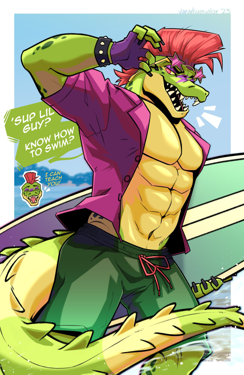 2023 abs absurd_res alligator alligatorid anthro beach biceps biped bottomwear bracelet claws clothed clothing crocodilian dialogue digital_media_(artwork) eyewear five_nights_at_freddy's five_nights_at_freddy's:_security_breach glasses gloves glowing glowing_eyes green_body green_scales hair handwear hi_res holding_object humanoid jewelry long_tail looking_at_viewer male markings montgomery_gator_(fnaf) muscular muscular_anthro muscular_male open_mouth partially_clothed pecs red_eyes red_hair reptile scale_markings scales scalie scottgames seaside shaded shorts side_view signature simple_background sky solo speech_bubble standing steel_wool_studios sunglasses surfboard swimming_trunks swimwear tail teeth teeth_showing text vanadiumvalor water yellow_body yellow_scales