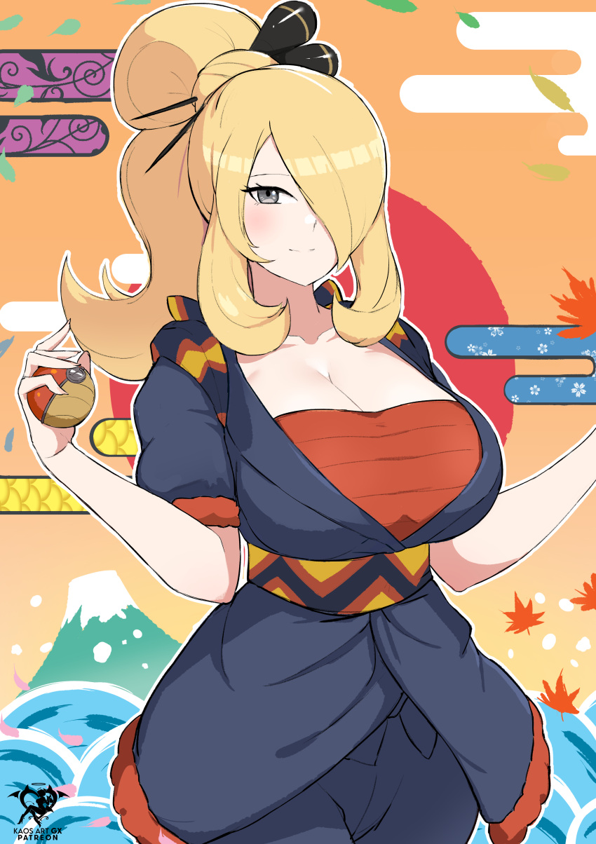 1girl absurdres black_eyes blonde_hair blue_hakama blue_kimono blush breasts cleavage closed_mouth commentary cynthia_(pokemon) fur-trimmed_sleeves fur_trim hair_ornament hair_over_one_eye hair_stick hakama high_side_ponytail highres holding japanese_clothes kaos_art kimono large_breasts long_hair looking_at_viewer official_alternate_costume official_alternate_hairstyle one_eye_covered poke_ball poke_ball_(legends) pokemon pokemon_(anime) pokemon_journeys sarashi short_sleeves sidelocks smile solo