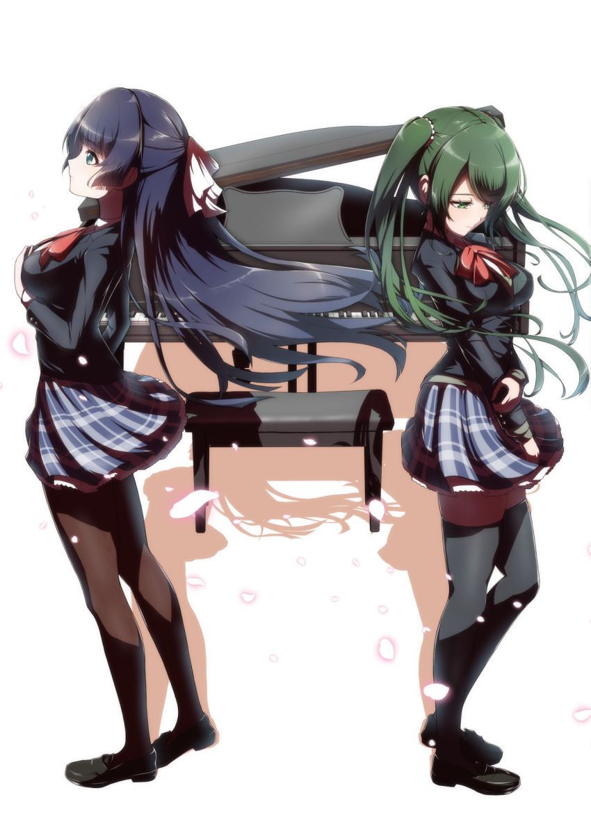 2girls aqua_eyes arm_at_side black_footwear black_hair black_jacket black_thighhighs blazer blue_skirt blunt_bangs bow bowtie breasts brown_pantyhose buttons closed_mouth collared_shirt commentary_request d4dj falling_petals floating_hair from_side full_body grand_piano green_eyes green_hair hair_bow half_updo hand_on_own_arm hand_on_own_chest hand_up highres hiraken instrument jacket loafers long_hair long_sleeves looking_away looking_down looking_up medium_breasts miniskirt multiple_girls pantyhose petals piano piano_bench plaid plaid_skirt profile red_bow red_bowtie school_uniform shadow shimizu_esora shirt shoes simple_background skirt standing swept_bangs thighhighs togetsu_rei twintails very_long_hair white_background white_bow white_shirt zettai_ryouiki