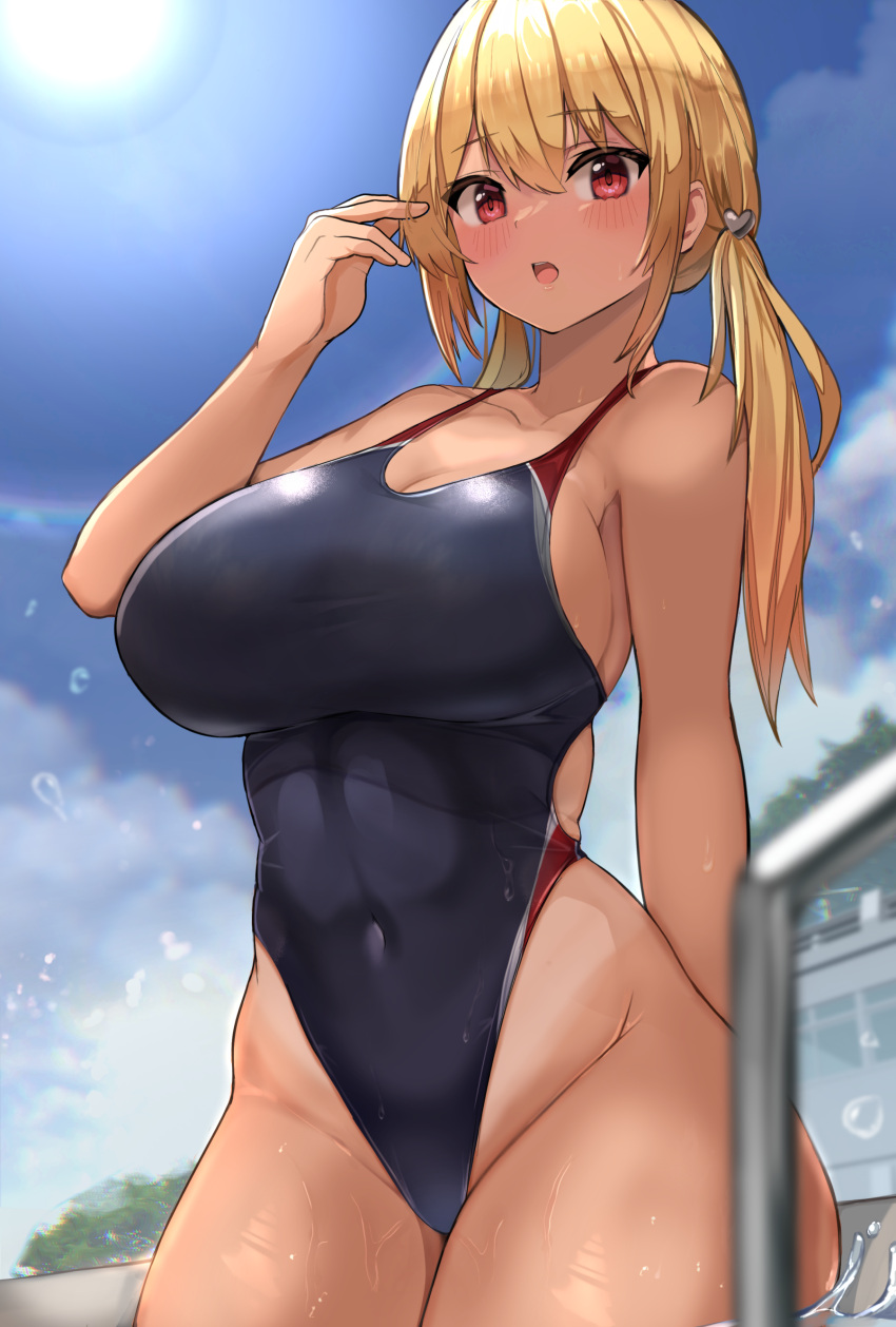 1girl absurdres arm_behind_back black_one-piece_swimsuit blonde_hair blue_sky breasts cleavage cloud commentary_request competition_swimsuit covered_navel cowboy_shot day gyaru hand_up highleg highleg_swimsuit highres huge_breasts kihou_no_gotoku_dmc kogal long_hair low_twintails mountain one-piece_swimsuit one-piece_tan original outdoors pool_ladder red_eyes sky solo swimsuit tan tanlines twintails