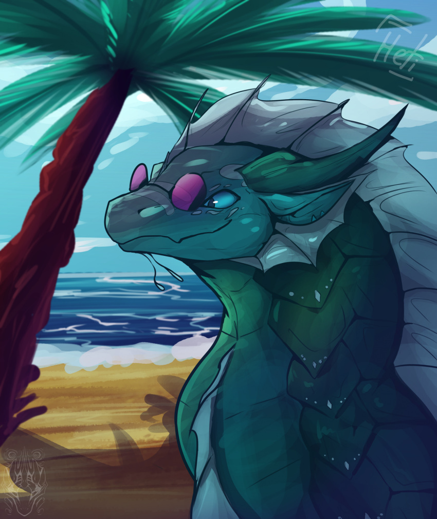 ambiguous_gender aquatic_dragon beach blue_eyes cloud dragheti dragon eyewear eyewear_on_head feral frill_(anatomy) headshot_portrait hi_res horn long_ears marine palm_tree plant portrait quills seaside seawing_(wof) sky smile sunglasses sunglasses_on_head tree watermark wings_of_fire