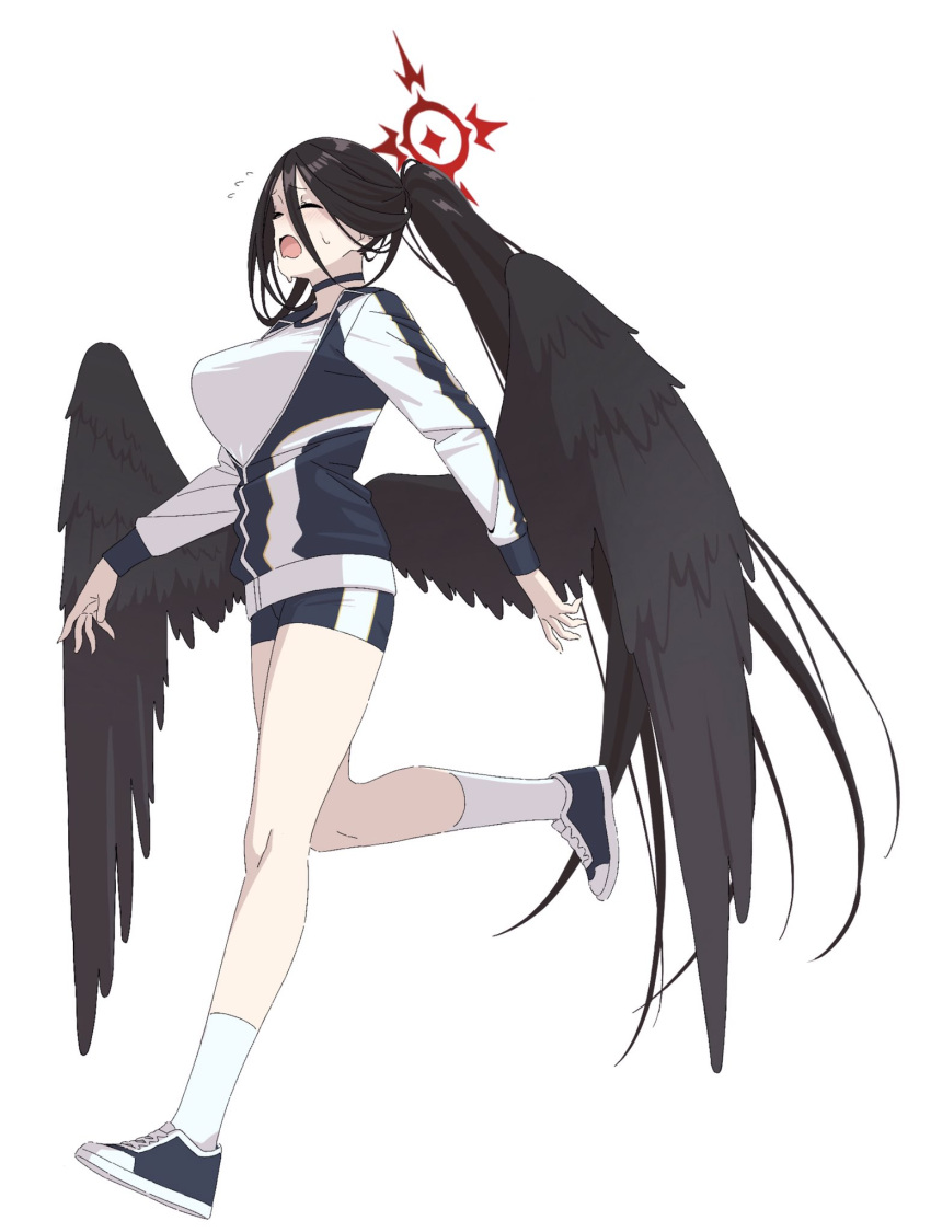 bird_wings black_hair black_wings blue_archive blue_footwear breasts choker closed_eyes exasperation full_body gym_shorts gym_uniform hair_between_eyes halo hasumi_(blue_archive) highres jacket large_breasts long_bangs long_hair open_mouth ponytail running shirt shorts socks sweat ult_one very_long_hair white_background white_shirt white_socks wings