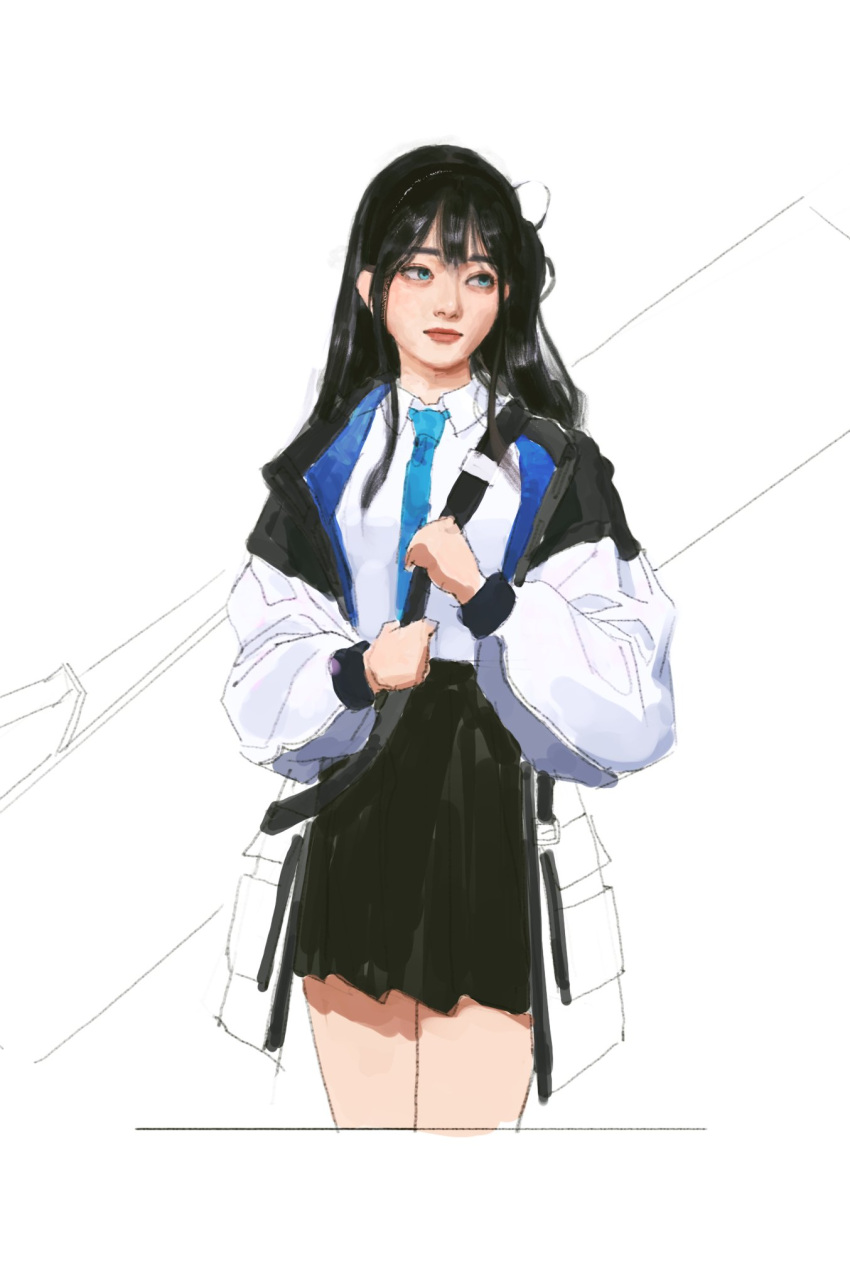 1girl aris_(blue_archive) asian b66wt black_hair black_hairband black_jacket black_skirt blue_archive blue_eyes blue_necktie closed_mouth collared_shirt cowboy_shot expressionless hairband highres holding_strap jacket long_hair long_sleeves looking_to_the_side miniskirt multicolored_clothes multicolored_jacket necktie one_side_up pleated_skirt realistic shirt sidelocks sideways_glance simple_background sketch skirt solo weapon weapon_on_back white_background white_jacket white_shirt